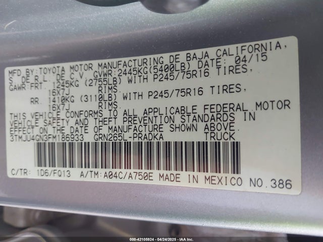 3TMJU4GN3FM186933 Toyota Tacoma Prerunner V6