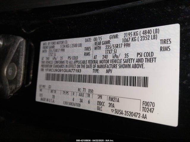 1FMCU9G91GUA77193 Ford ESCAPE SE