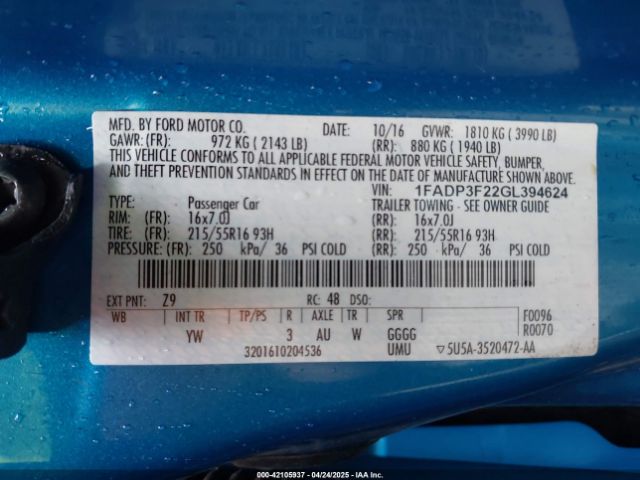1FADP3F22GL394624 Ford FOCUS SE