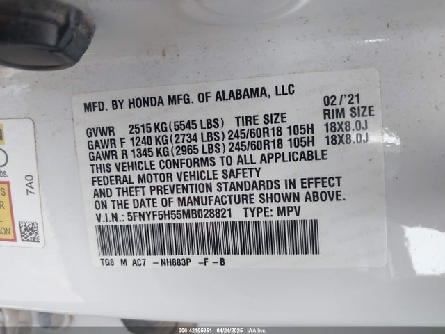 5FNYF5H55MB028821 Honda Pilot 2wd Ex-l