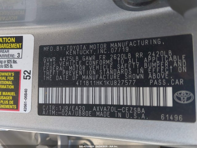 4T1B11HK1KU827577 Toyota CAMRY SE