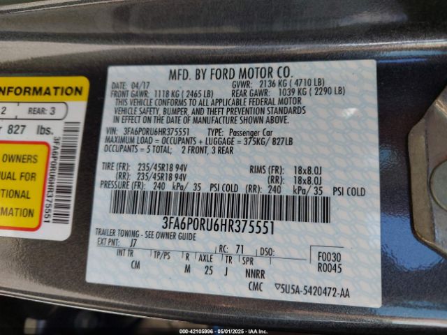 3FA6P0RU6HR375551 Ford Fusion Hybrid Titanium