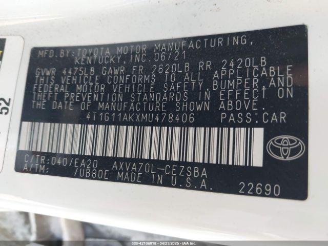 4T1G11AKXMU478406 Toyota CAMRY SE