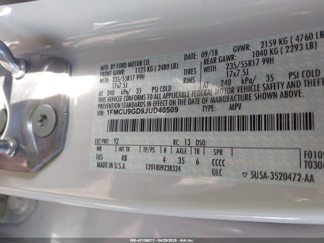 1FMCU9GD9JUD40509 Ford ESCAPE SE