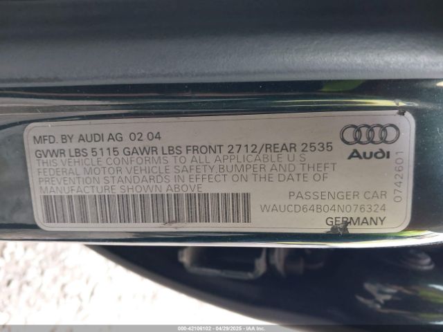 2004 AUDI A6 WAUCD64B04N076324 Photo 8