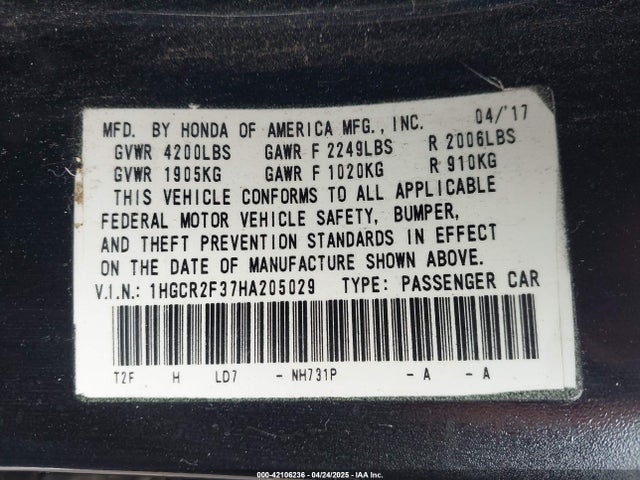 1HGCR2F37HA205029 Honda ACCORD LX
