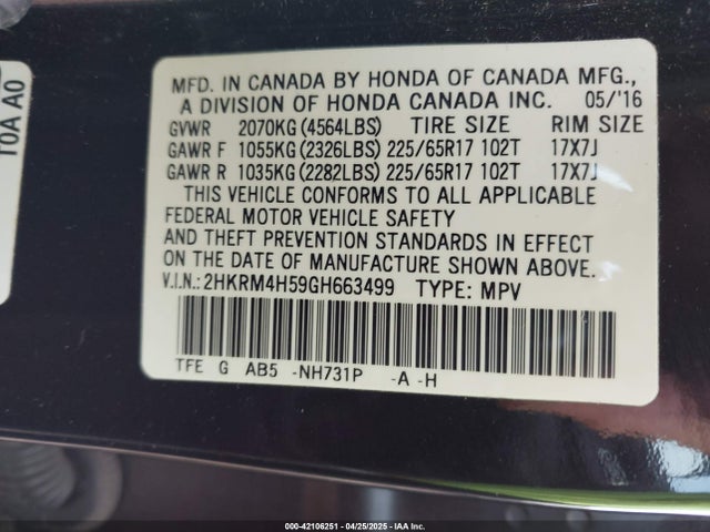 2HKRM4H59GH663499 Honda CR-V EX