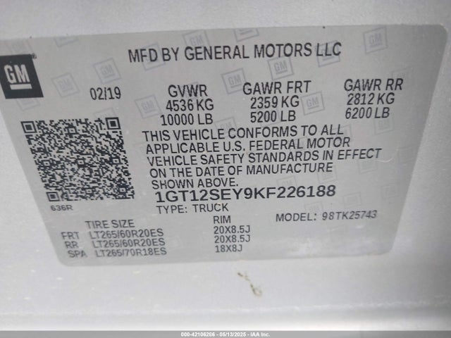 1GT12SEY9KF226188 GMC l5p - di, duramax, gen 5 var. 1