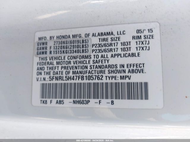 5FNRL5H47FB105762 Honda ODYSSEY EX