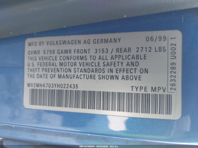2000 VOLKSWAGEN EUROVAN WV2MH4703YH022435 Photo 8