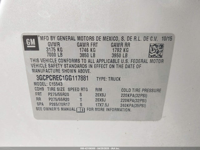 3GCPCREC1GG117881 Chevrolet Silverado 1500 1lt