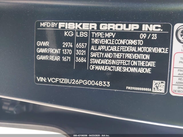 Fisker Ocean One 2023 VCF1ZBU26PG004833 Image 9
