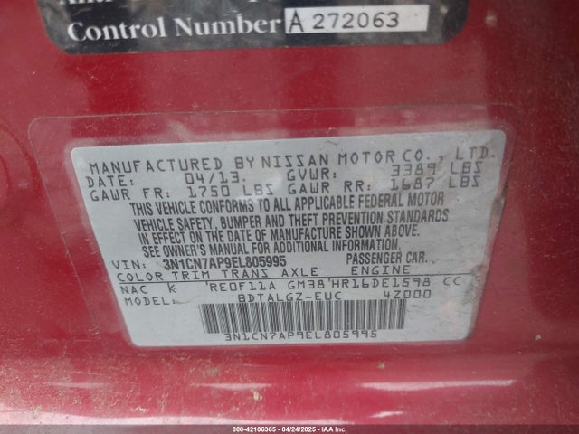 3N1CN7AP9EL805995 Nissan Versa 1.6 Sl