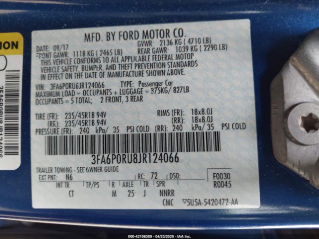 3FA6P0RU8JR124066 Ford Fusion Hybrid Titanium