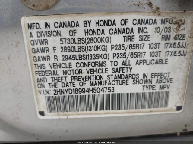 2004 ACURA MDX 2HNYD18994H504753 Photo 8