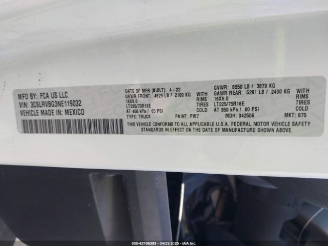 3C6LRVBG3NE119032 RAM Promaster 1500 High Roof 136 Wb