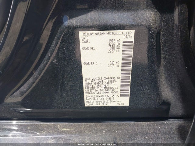 1N4AL3APXGN363255 Nissan Altima 2.5/2.5 S/2.5 Sl/2.5 Sr/2.5 Sv