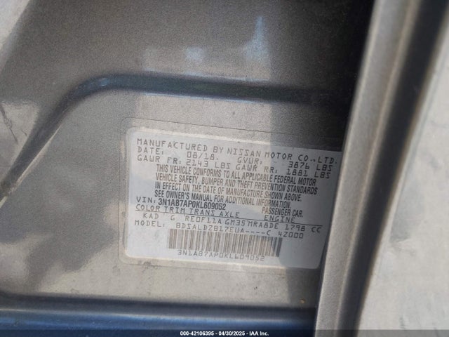 3N1AB7AP0KL609052 Nissan SENTRA SV