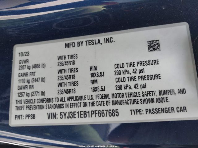 5YJ3E1EB1PF667685 Tesla Model 3 Long Range Dual Motor All-wheel Drive