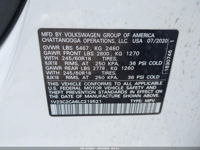 1V23C2CA6LC219521 Volkswagen Atlas Cross Sport 2.0t Se