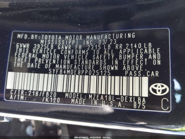 5YFB4MDE8PP025125 Toyota COROLLA LE