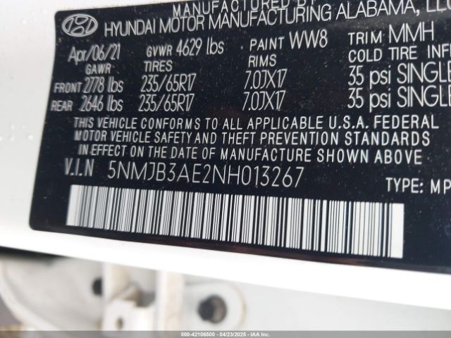 5NMJB3AE2NH013267 Hyundai TUCSON SEL