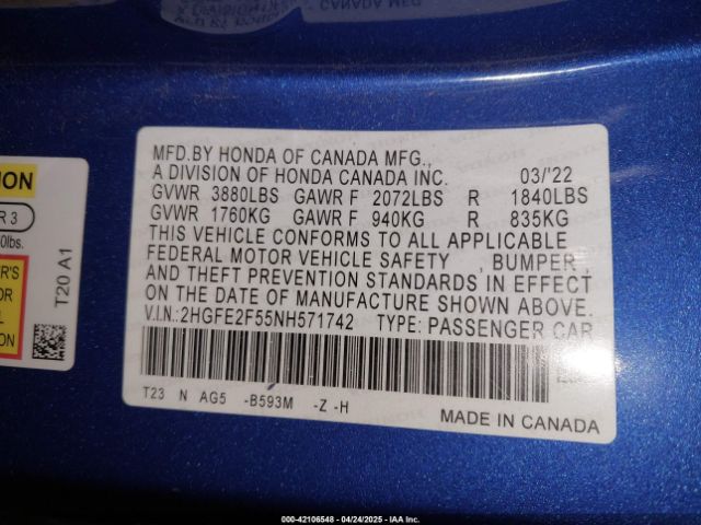 2022 HONDA CIVIC 2HGFE2F55NH571742 Photo 8