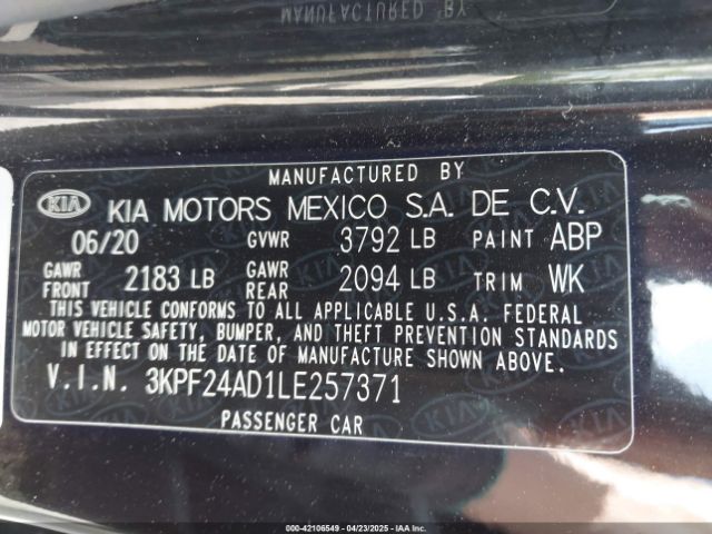 3KPF24AD1LE257371 KIA FORTE FE