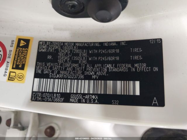 5TDJKRFH7GS237396 Toyota Highlander Xle V6