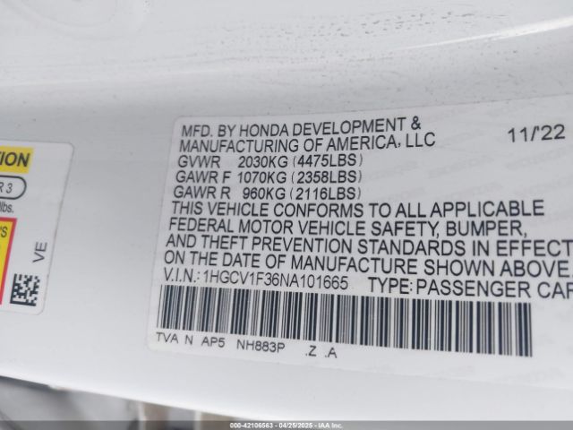1HGCV1F36NA101665 Honda Accord Sport