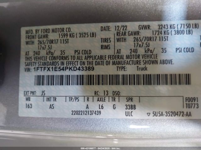 1FTFX1E54PKD43389 Ford F-150 Xl