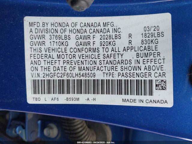 Honda Civic Lx 2020 2HGFC2F60LH548509 Image 9