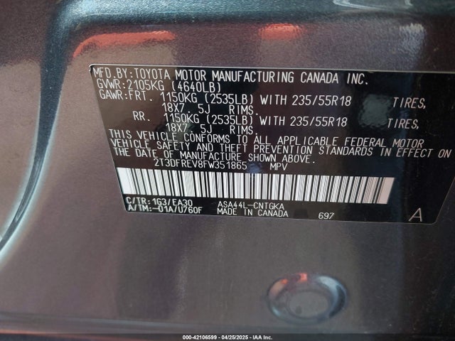 2T3DFREV8FW351865 Toyota Rav4 Limited