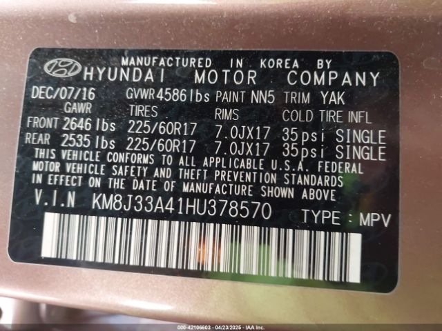 KM8J33A41HU378570 Hyundai TUCSON SE