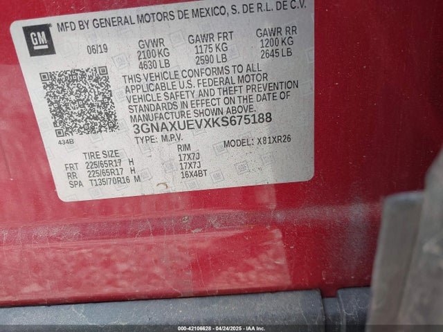 3GNAXUEVXKS675188 Chevrolet EQUINOX LT