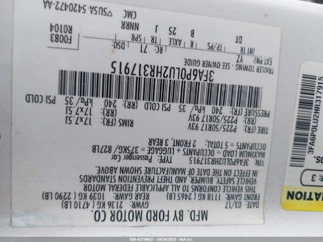 3FA6P0LU2HR317915 Ford Fusion Hybrid Se