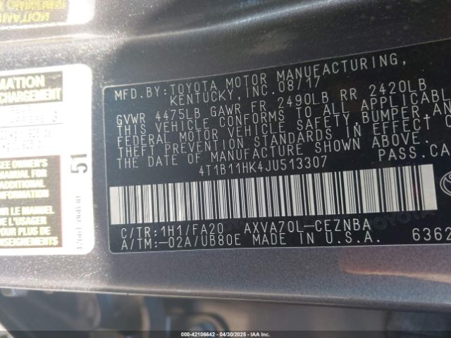 4T1B11HK4JU513307 Toyota CAMRY LE