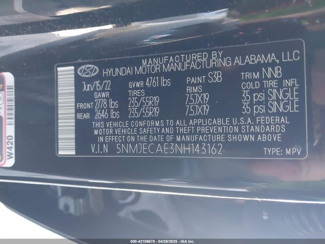 5NMJECAE3NH143162 Hyundai gdi theta iii