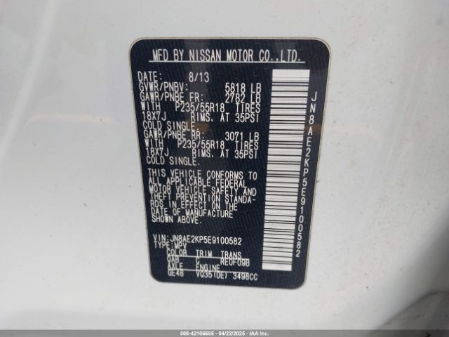 JN8AE2KP5E9100582 Nissan Quest Sl