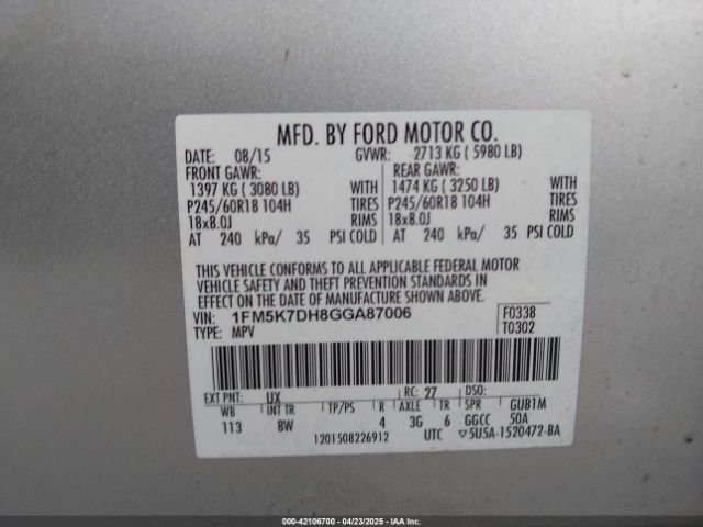 2016 FORD EXPLORER 1FM5K7DH8GGA87006 Photo 8