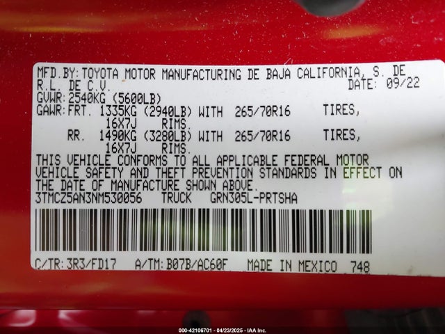 3TMCZ5AN3NM530056 Toyota 2gr-fks