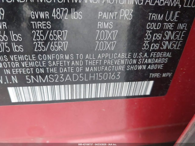 5NMS23AD5LH150163 Hyundai Santa Fe Se