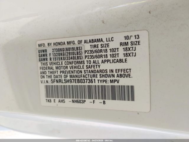 5FNRL5H97EB037361 Honda Odyssey Touring/touring Elite