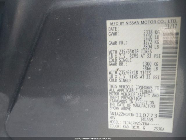 5N1AZ2MG4JN110773 Nissan MURANO SL