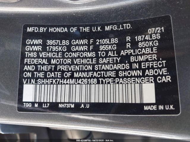 SHHFK7H44MU426168 Honda Civic Sport