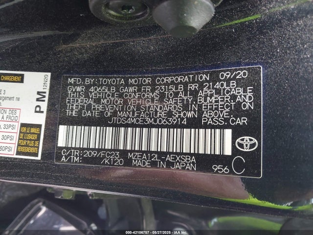 JTDS4MCE3MJ063914 Toyota COROLLA SE