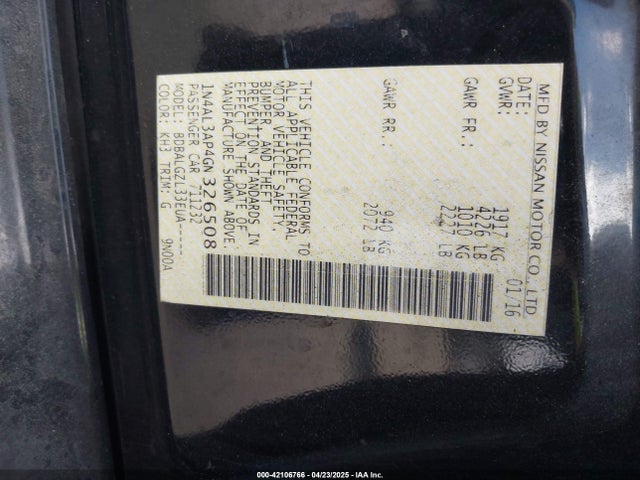 1N4AL3AP4GN326508 Nissan Altima 2.5/2.5 S/2.5 Sl/2.5 Sr/2.5 Sv