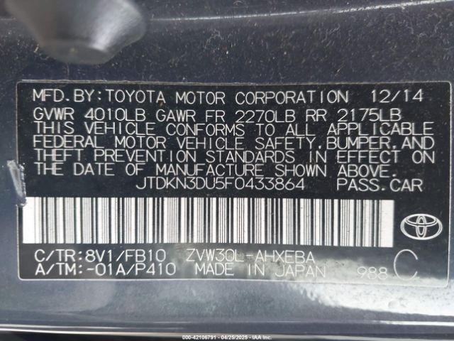 JTDKN3DU5F0433864 Toyota Prius Three