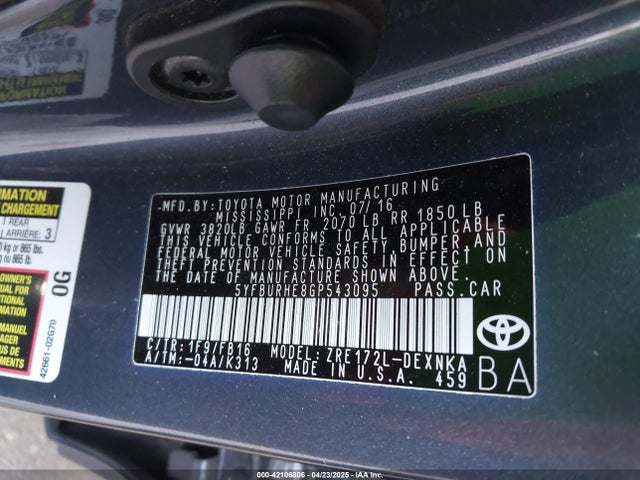5YFBURHE8GP543095 Toyota Corolla Le Plus
