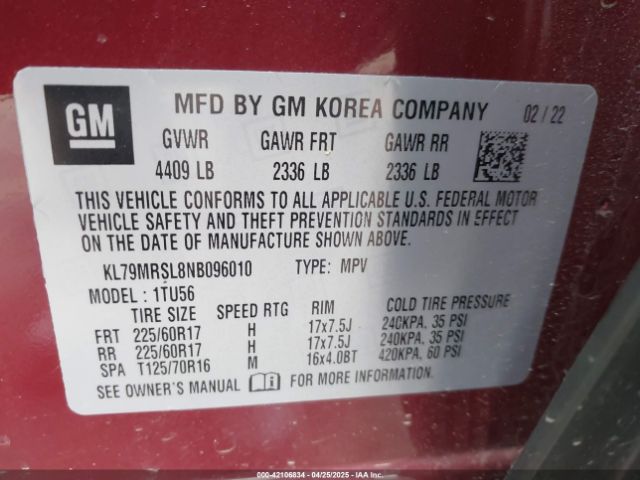 KL79MRSL8NB096010 Chevrolet Trailblazer Awd Lt